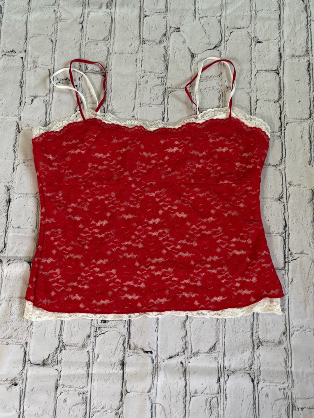 Plus Red Lace Camisole with White Trim - Feminine Spaghetti Strap Cami